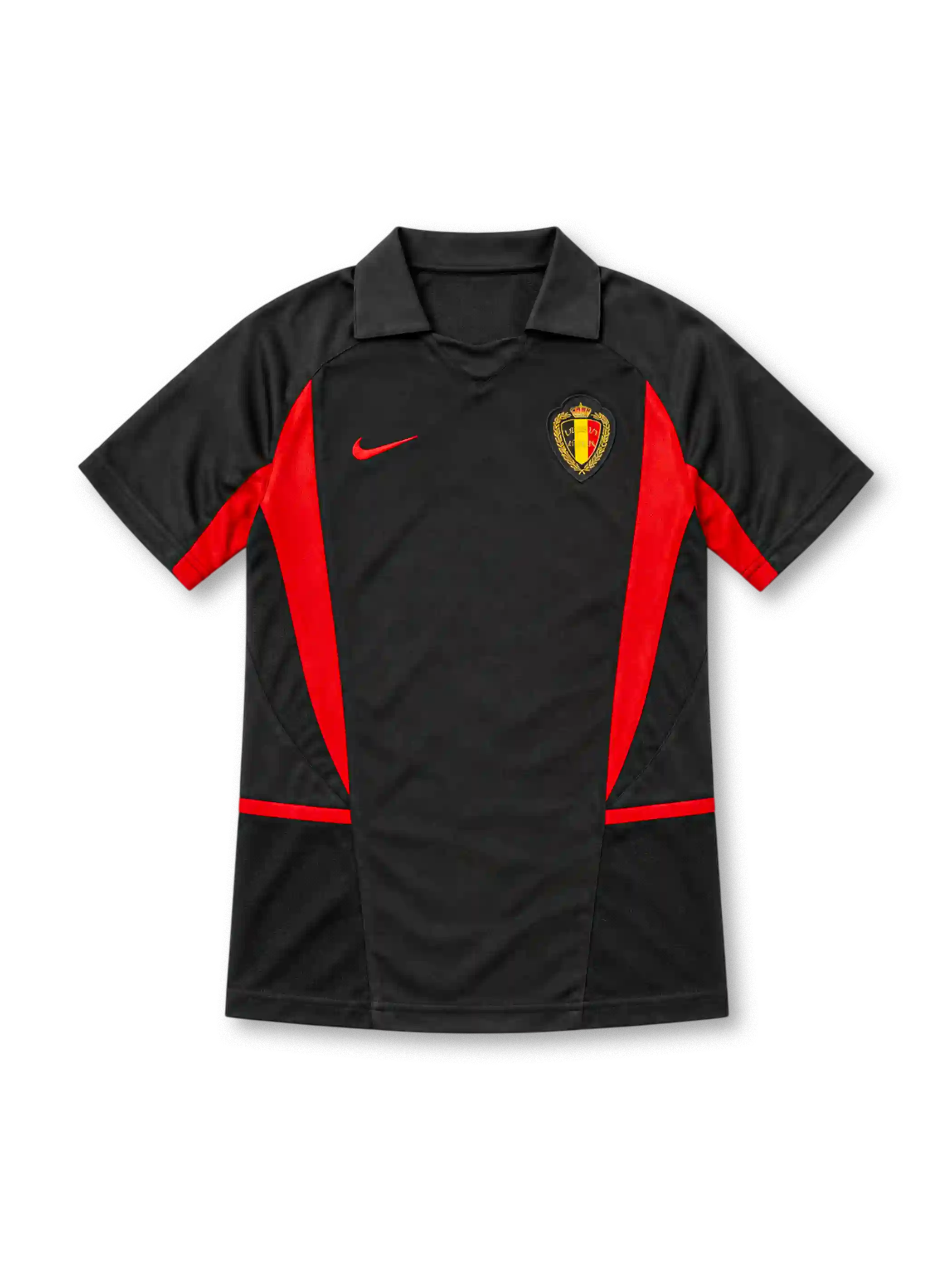 Belgium 2002 black away jersey with red angular panels, polo collar, Nike logo and federation crest