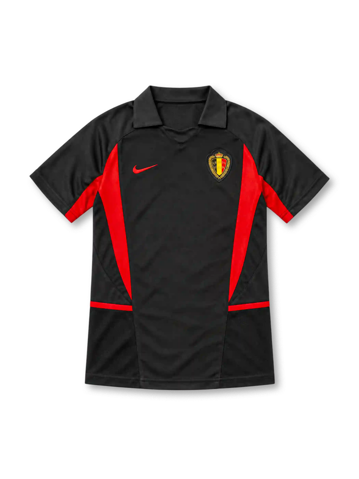 Belgium 2002 black away jersey with red angular panels, polo collar, Nike logo and federation crest