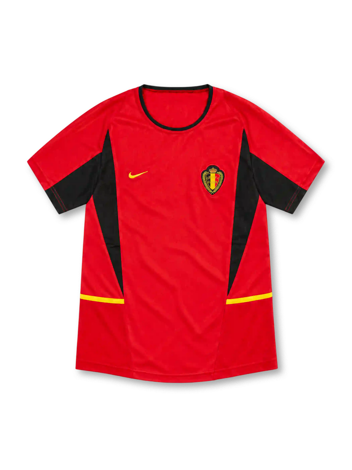 Belgium 2002 red home jersey with black angular panels, yellow accents, Nike logo and federation crest