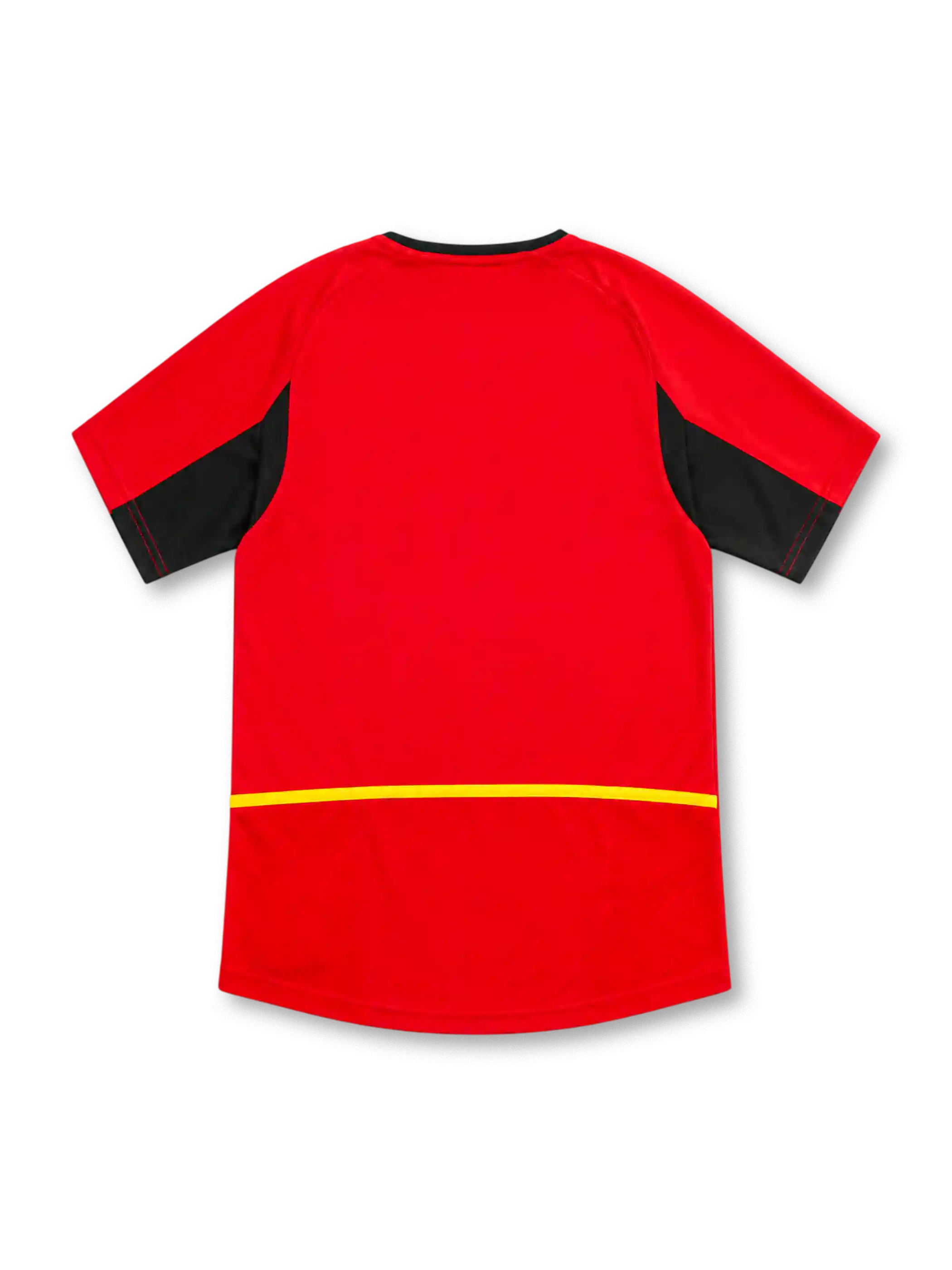 Belgium 2002 red home jersey with black angular panels, yellow accents, Nike logo and federation crest