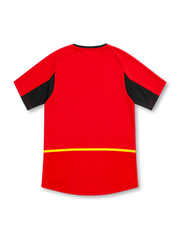 Belgium 2002 red home jersey with black angular panels, yellow accents, Nike logo and federation crest