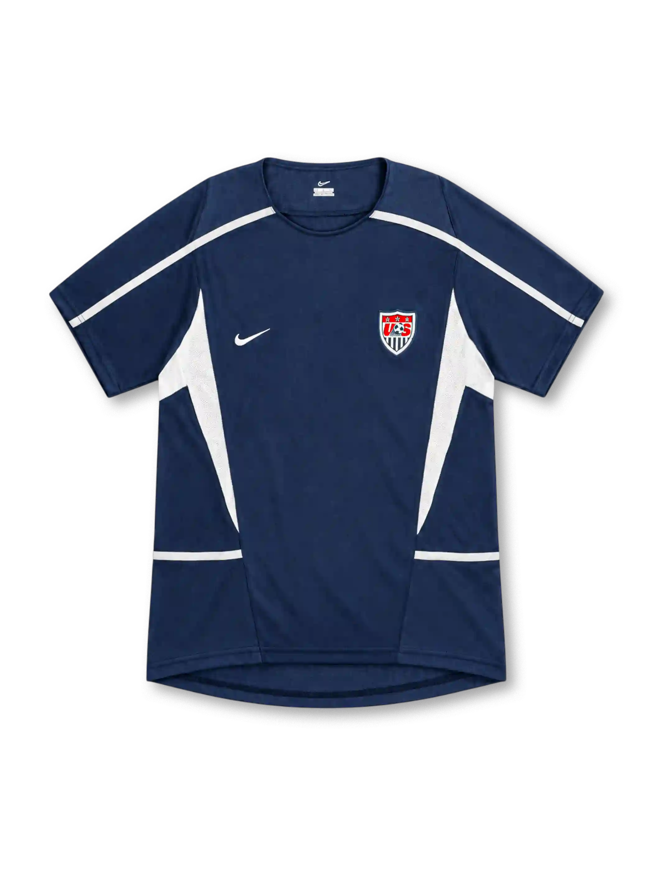 USA 2002 navy away jersey with white shoulder piping, white side panels, Nike logo and U.S. Soccer crest