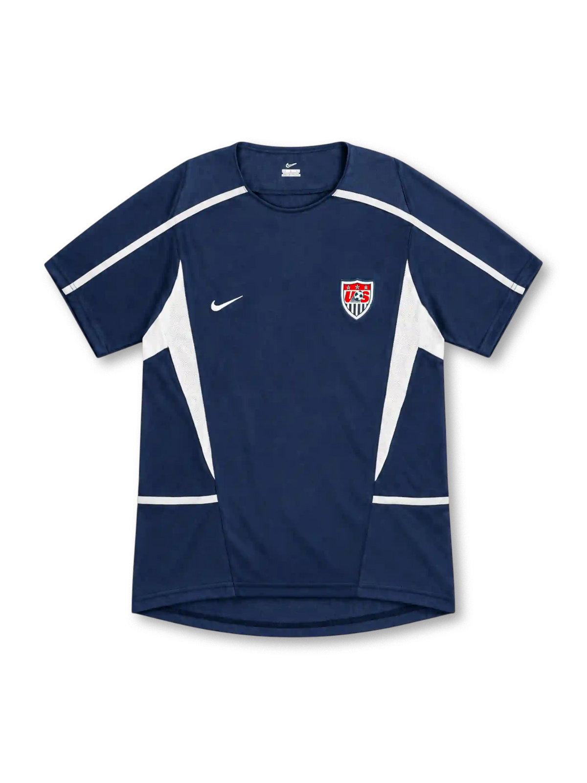 USA 2002 navy away jersey with white shoulder piping, white side panels, Nike logo and U.S. Soccer crest