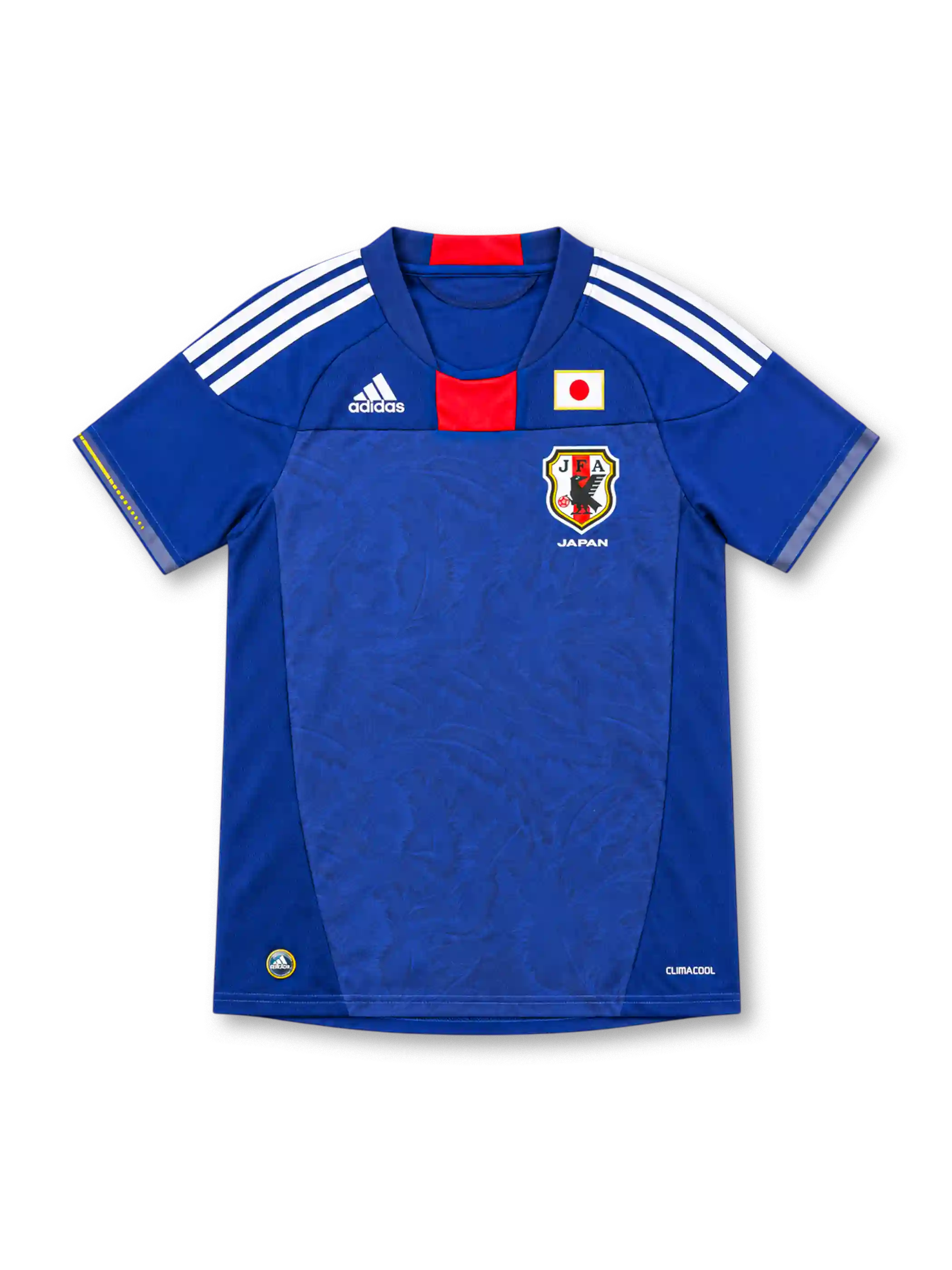 Japan 2010 royal blue home jersey with tonal pattern, red centre panel, white adidas stripes and JFA crest