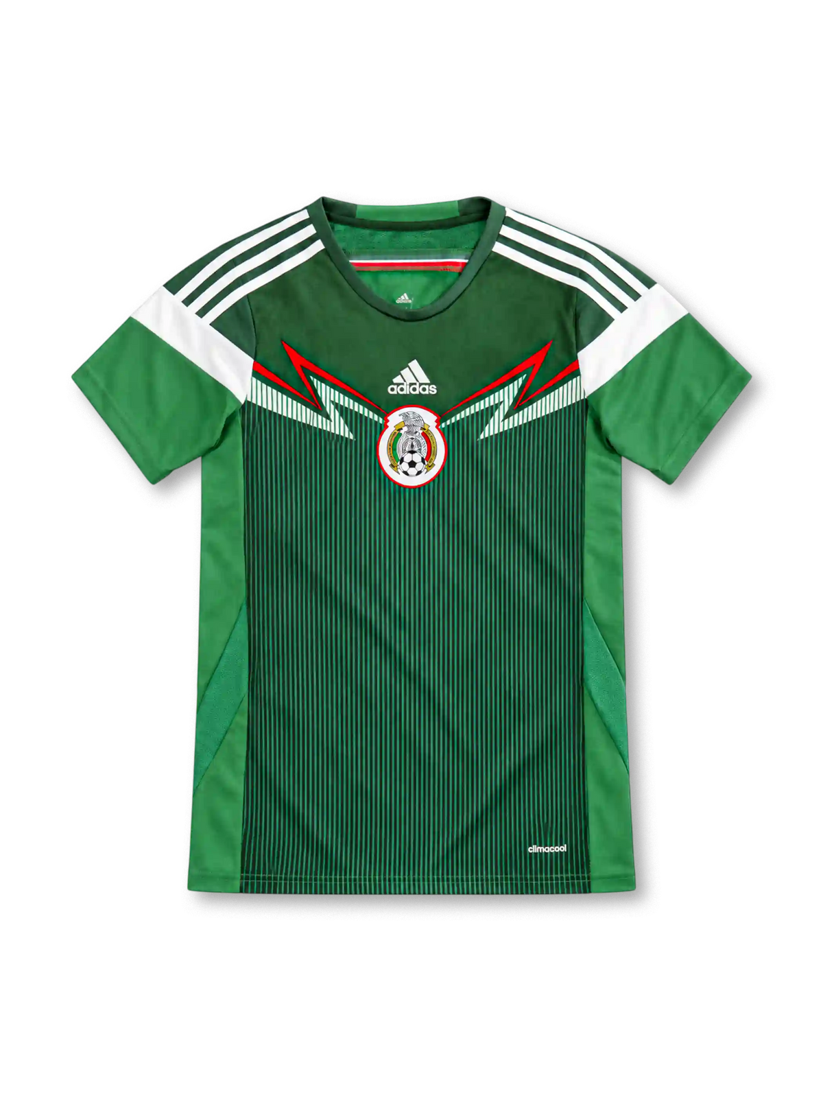 Mexico 2014 green home jersey with red and white chevron chest graphic, adidas logo and centred federation crest