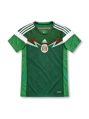 Mexico 2014 green home jersey with red and white chevron chest graphic, adidas logo and centred federation crest