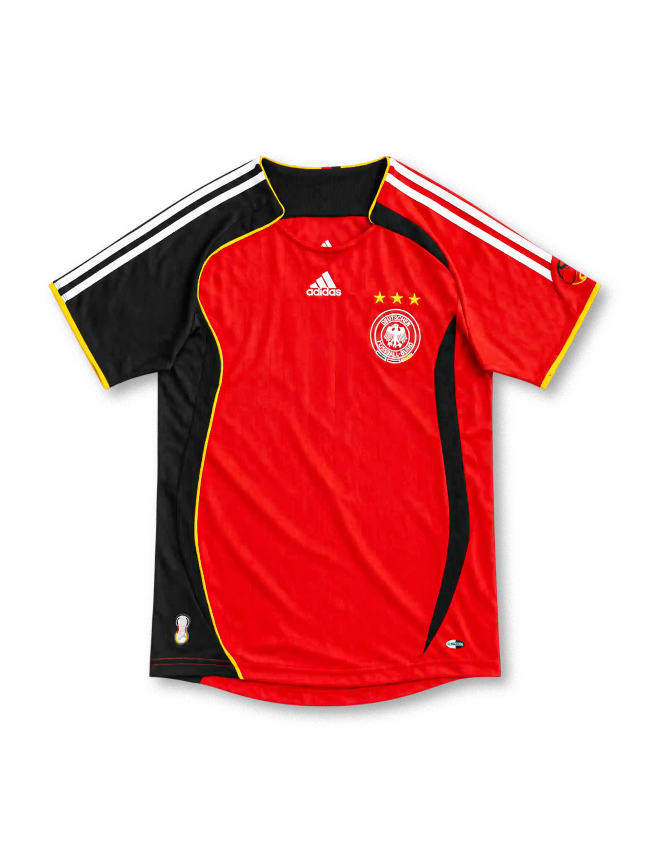 Germany 2006 red away jersey with black panel, gold piping, adidas logo and three-star DFB crest
