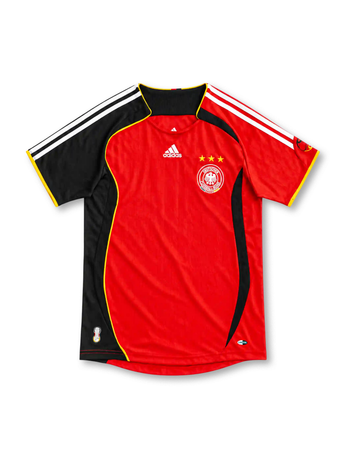 Germany 2006 red away jersey with black panel, gold piping, adidas logo and three-star DFB crest