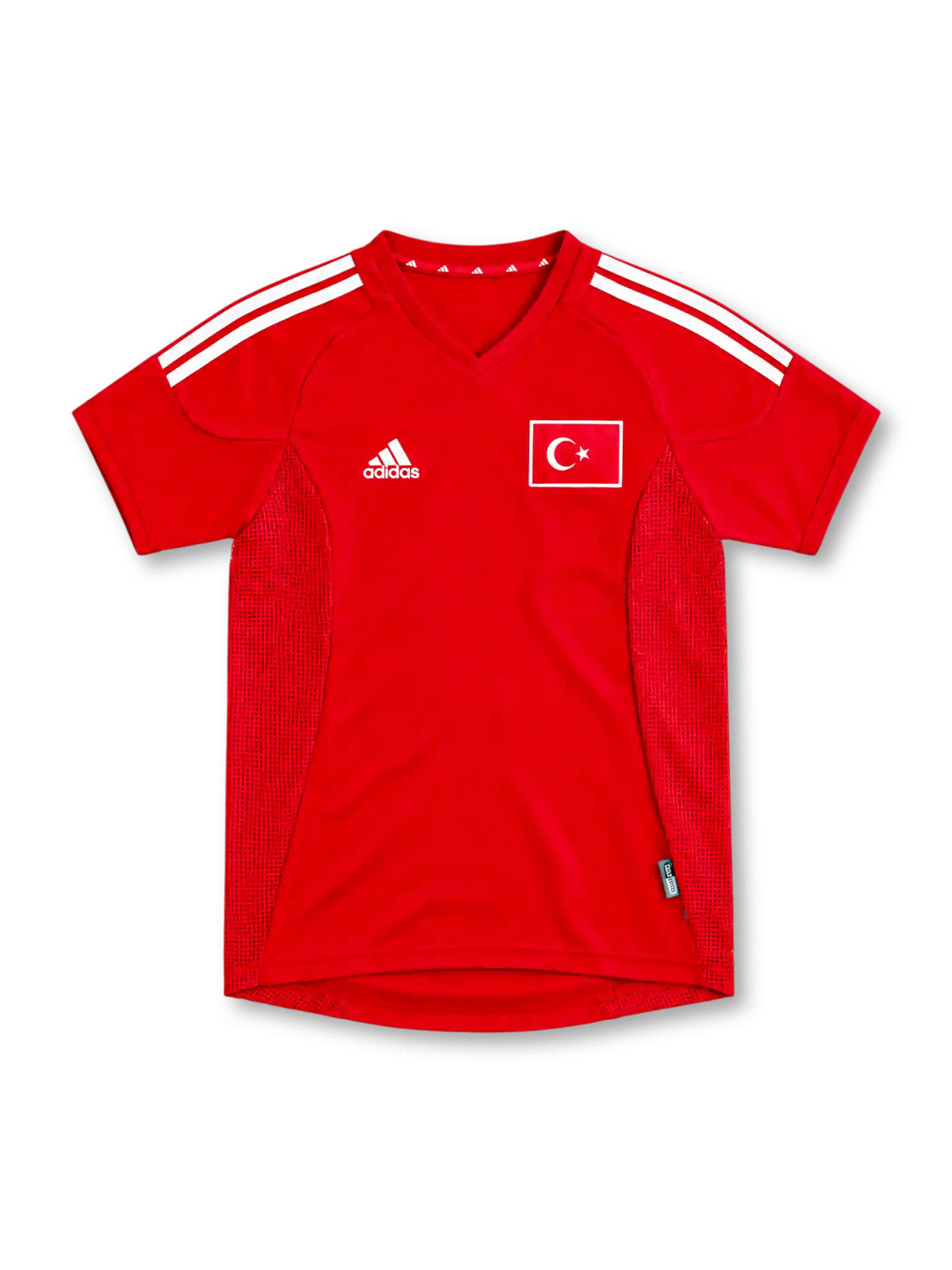 Turkey 2002 red home jersey with white adidas stripes, red mesh side panels and flag emblem