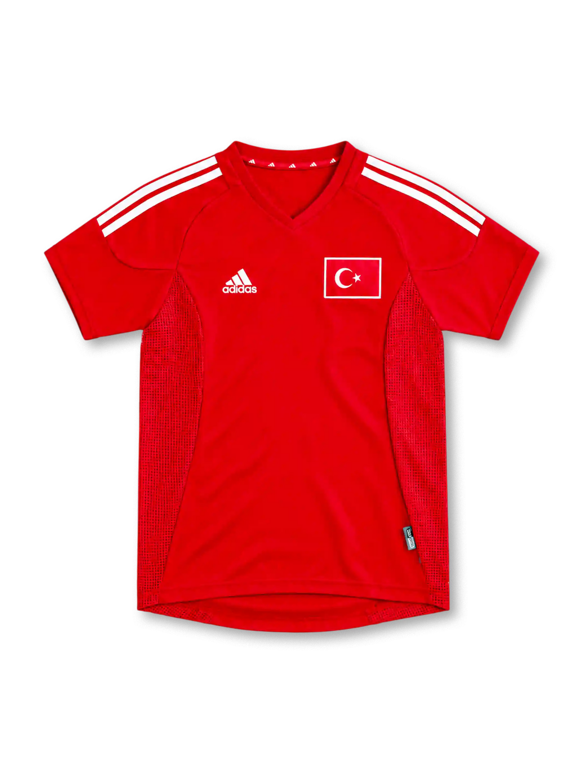 Turkey 2002 red home jersey with white adidas stripes, red mesh side panels and flag emblem