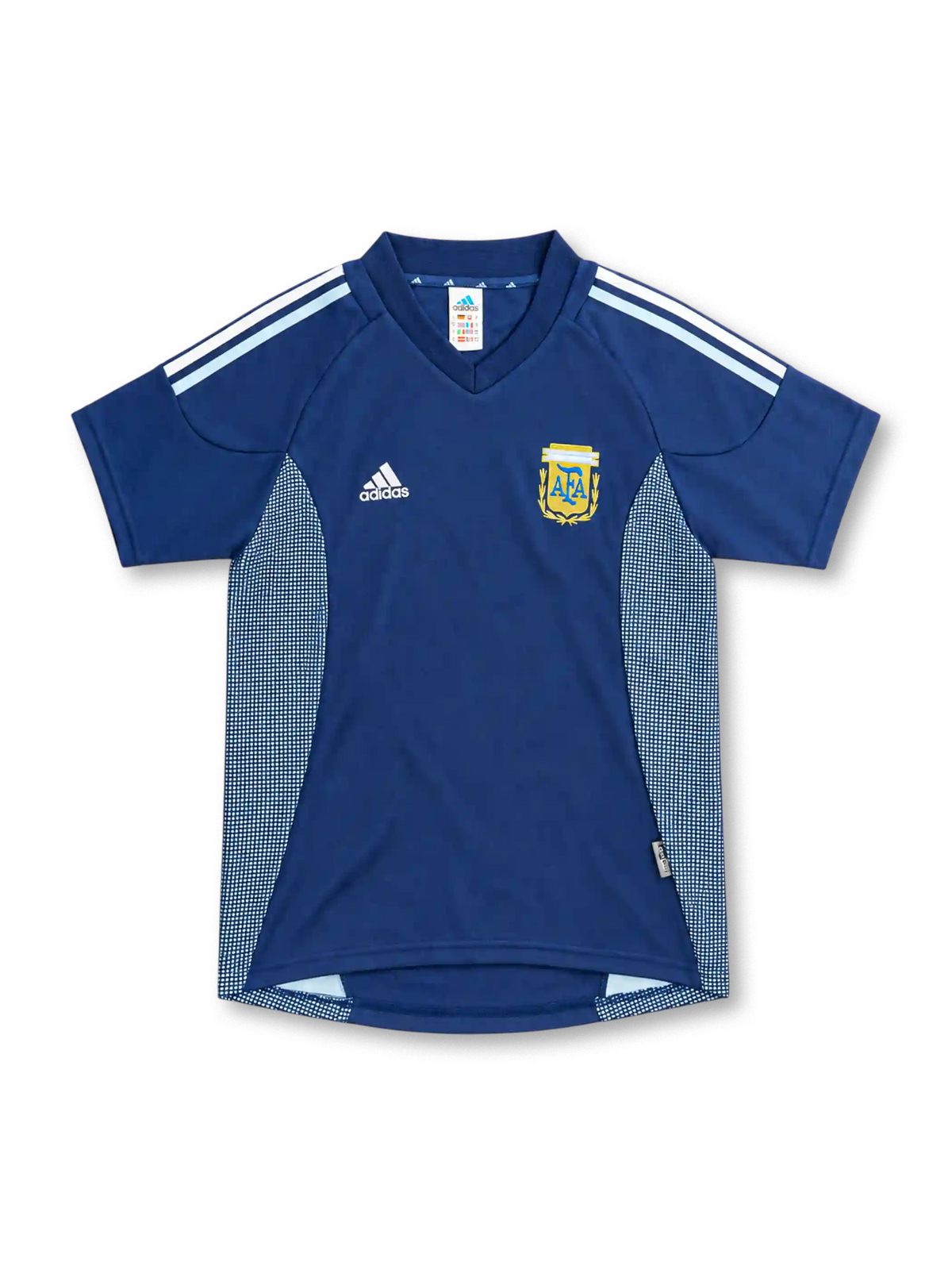 Argentina 2002 navy away jersey with white and sky blue stripes, dotted mesh side panels, adidas logo and AFA crest