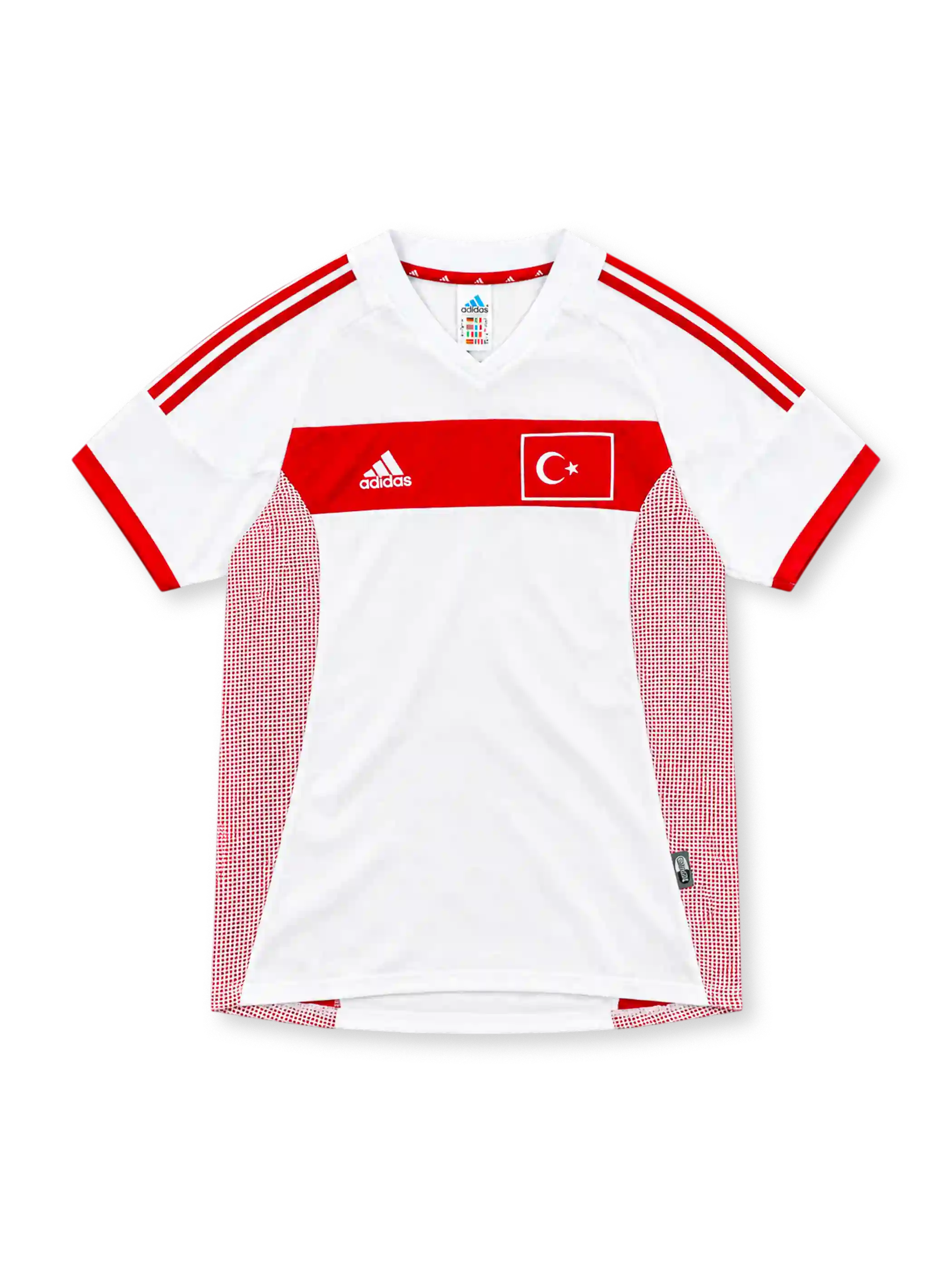 Turkey 2002 white away jersey with red chest band, red adidas stripes, red mesh side panels and flag emblem