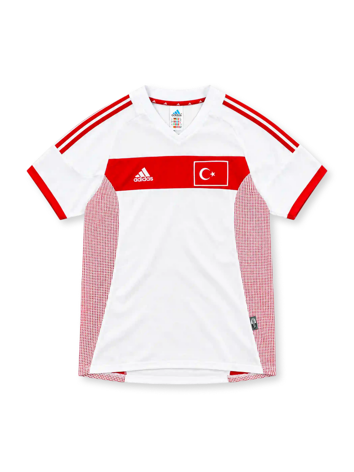Turkey 2002 white away jersey with red chest band, red adidas stripes, red mesh side panels and flag emblem