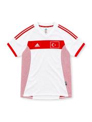Turkey 2002 white away jersey with red chest band, red adidas stripes, red mesh side panels and flag emblem