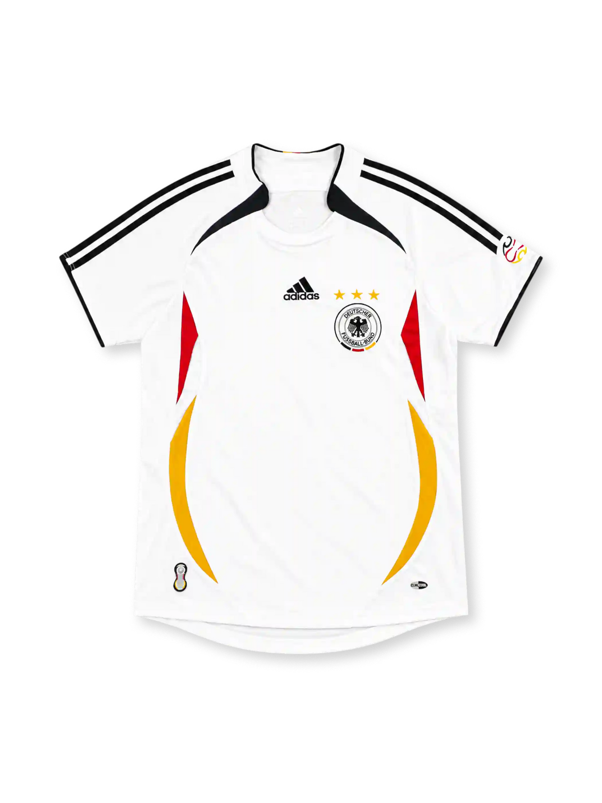 Germany 2006 white home jersey with black, red and gold side panels, adidas logo and three-star DFB crest