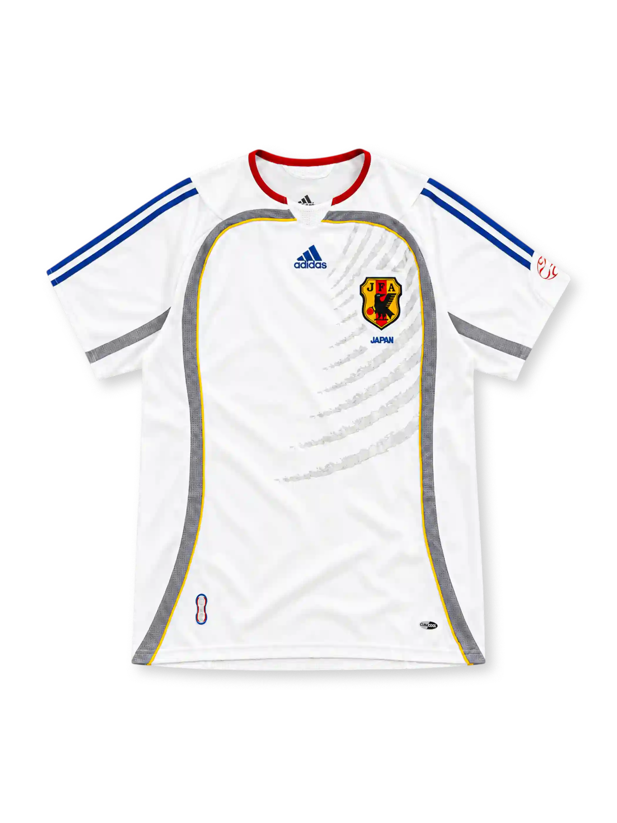 Japan 2006 white away jersey with red collar, blue adidas stripes, grey side panels and JFA crest