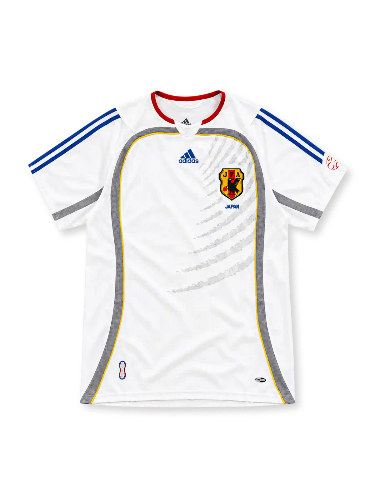 Japan 2006 white away jersey with red collar, blue adidas stripes, grey side panels and JFA crest