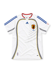 Japan 2006 white away jersey with red collar, blue adidas stripes, grey side panels and JFA crest