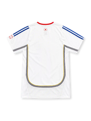 Japan 2006 white away jersey with red collar, blue adidas stripes, grey side panels and JFA crest