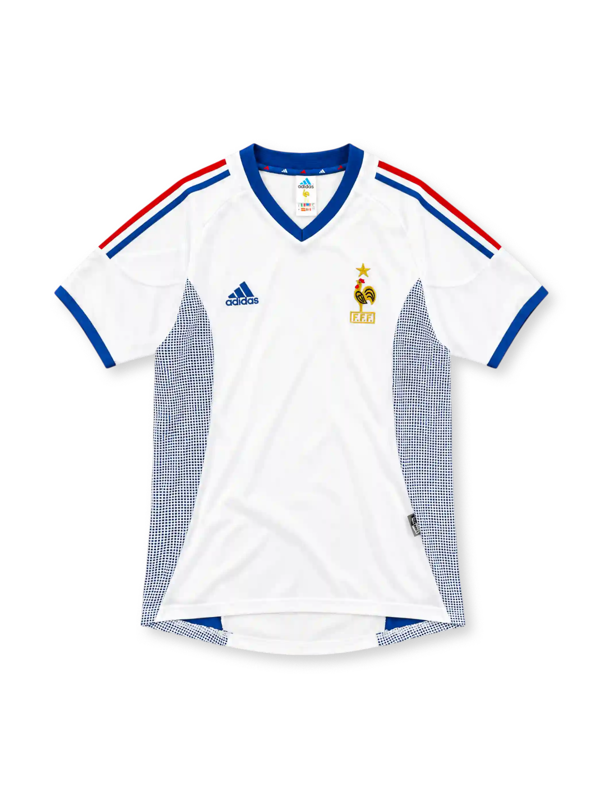 France 2002 white away jersey with blue V-neck, red and blue adidas stripes and gold FFF rooster crest
