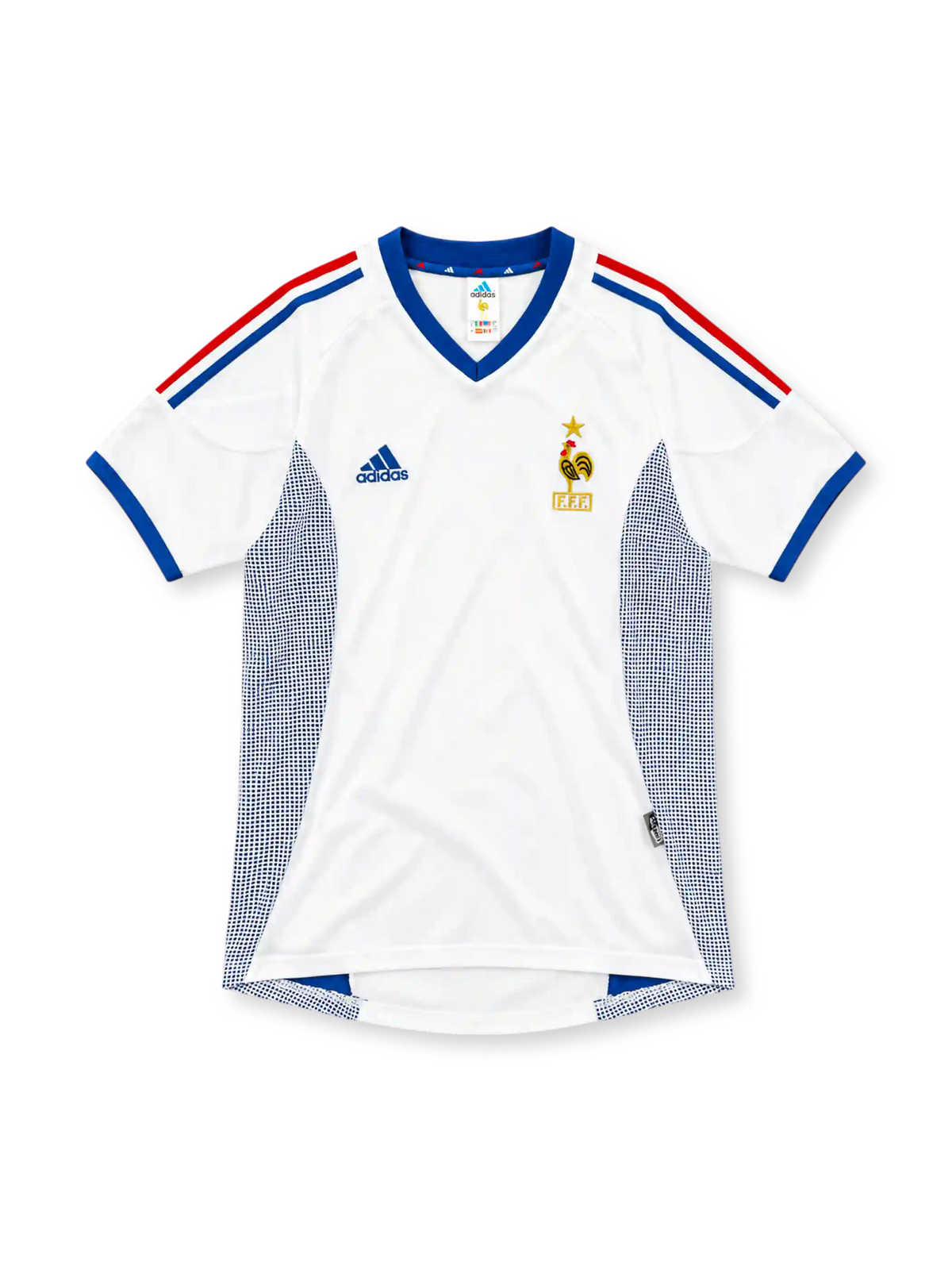 France 2002 white away jersey with blue V-neck, red and blue adidas stripes and gold FFF rooster crest