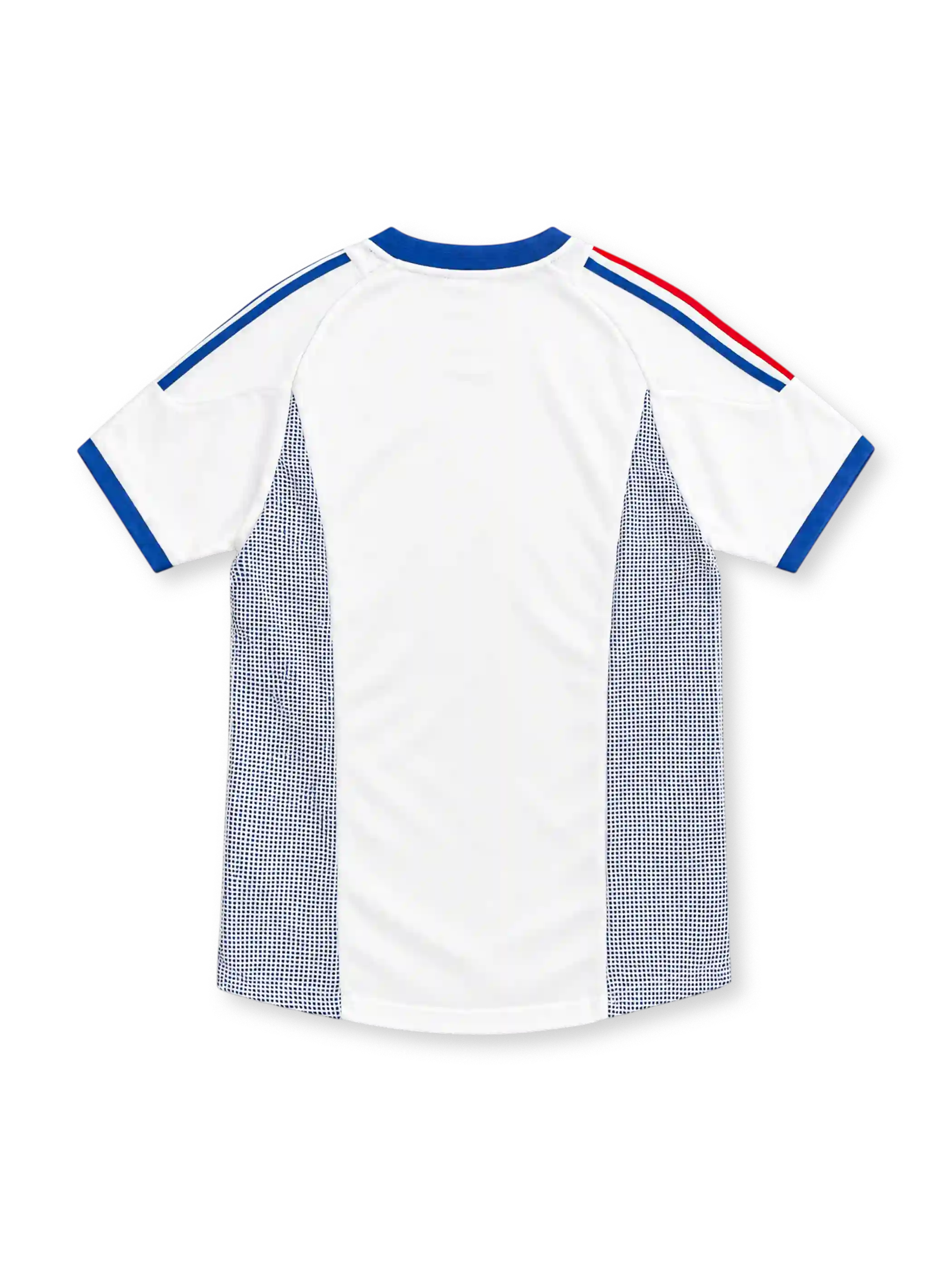 France 2002 white away jersey with blue V-neck, red and blue adidas stripes and gold FFF rooster crest