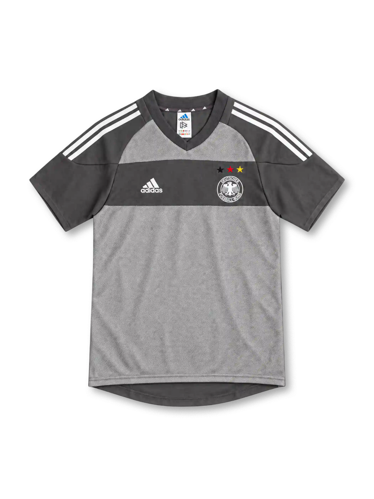 Germany 2002 grey away jersey with charcoal chest band, white adidas stripes and three-star DFB crest