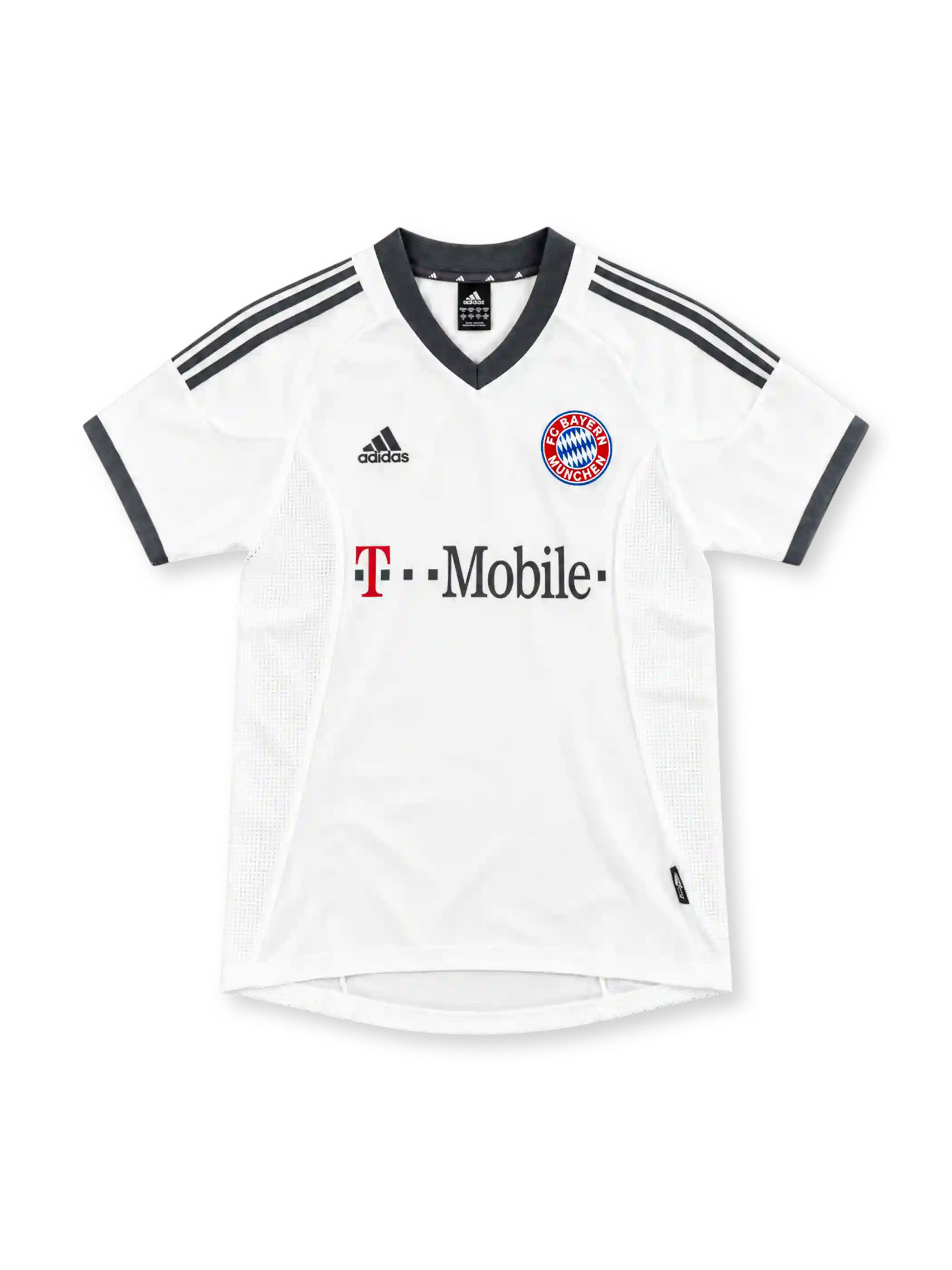 Bayern Munich 2002/03 white away jersey with charcoal adidas stripes, club crest and T-Mobile sponsor