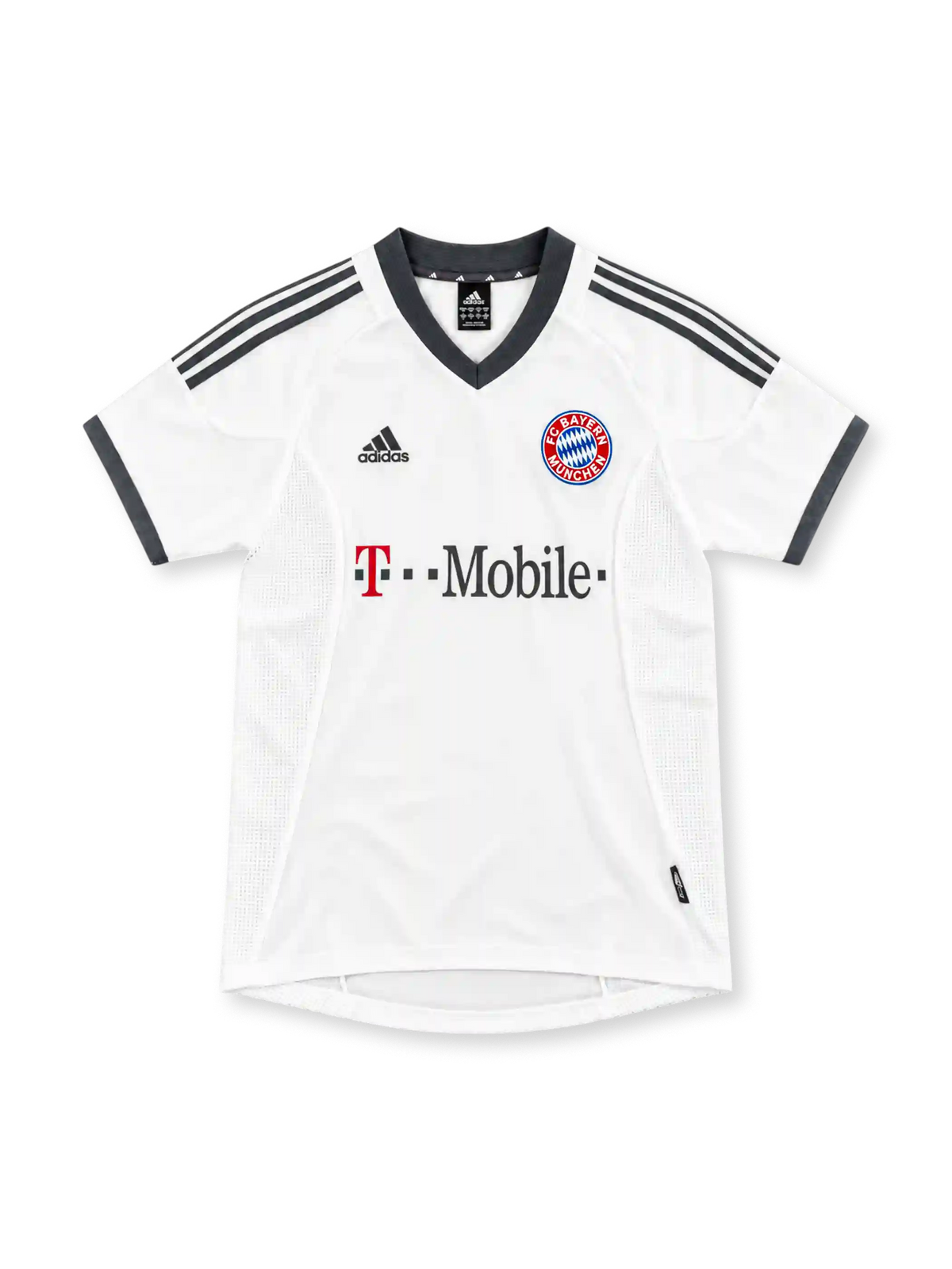 Bayern Munich 2002/03 white away jersey with charcoal adidas stripes, club crest and T-Mobile sponsor