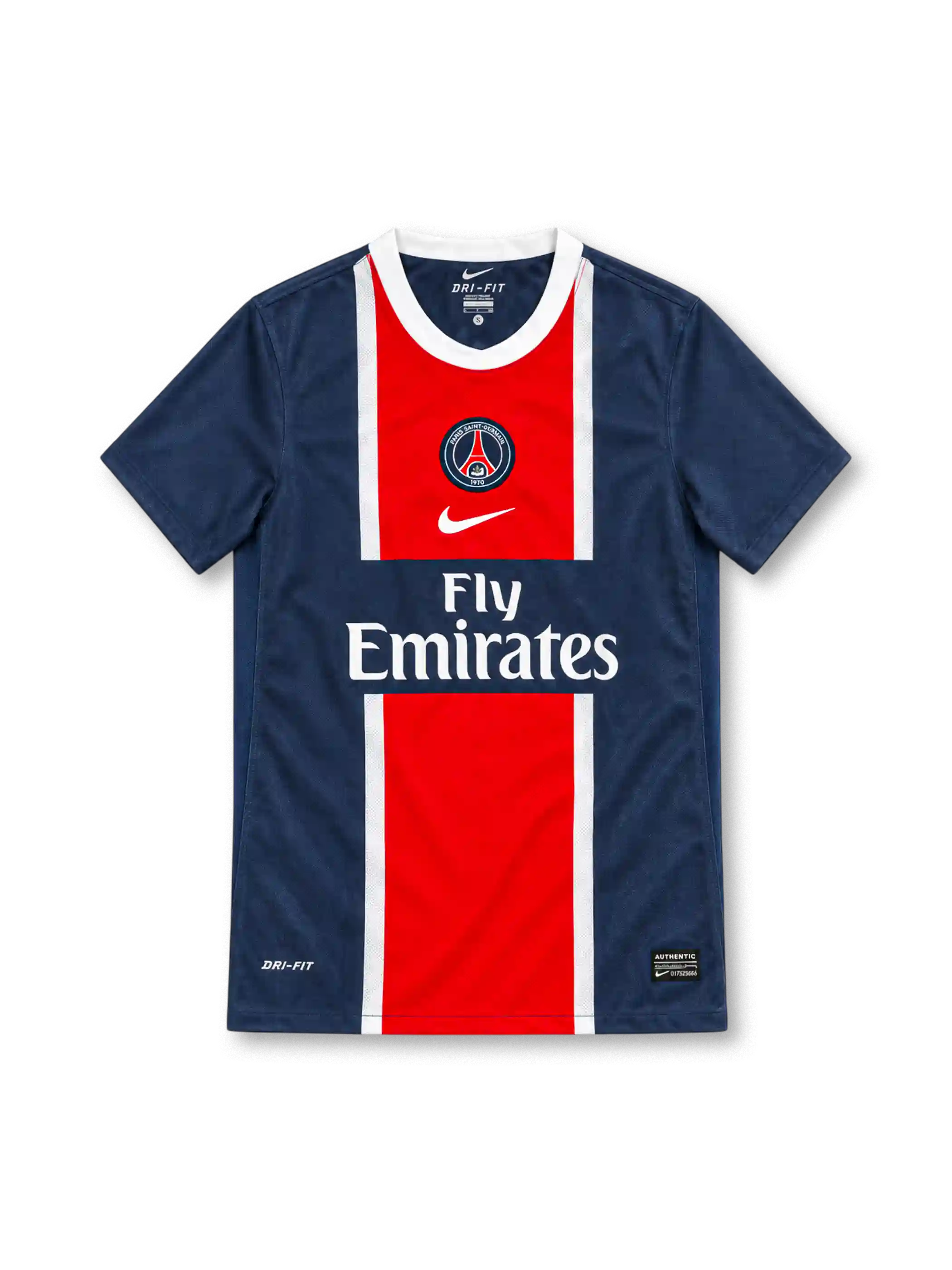 Paris Saint-Germain 2011/12 navy home jersey with red and white centre stripe, Nike logo and Fly Emirates sponsor