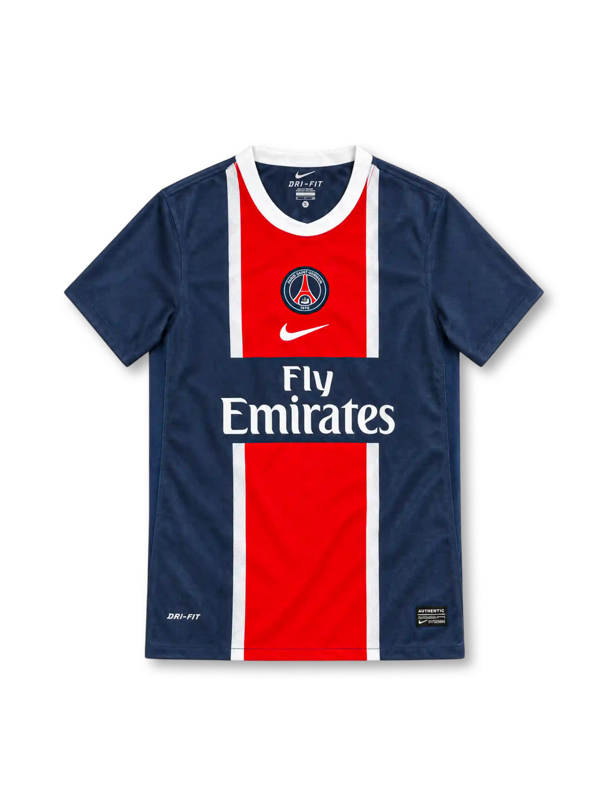 Paris Saint-Germain 2011/12 navy home jersey with red and white centre stripe, Nike logo and Fly Emirates sponsor