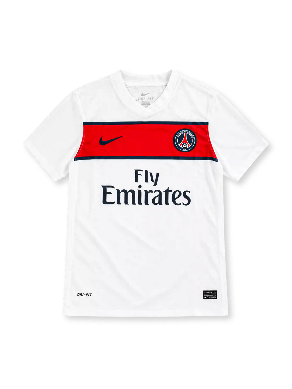 Paris Saint-Germain 2011/12 white away jersey with red chest band, Nike logo and Fly Emirates sponsor