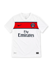 Paris Saint-Germain 2011/12 white away jersey with red chest band, Nike logo and Fly Emirates sponsor