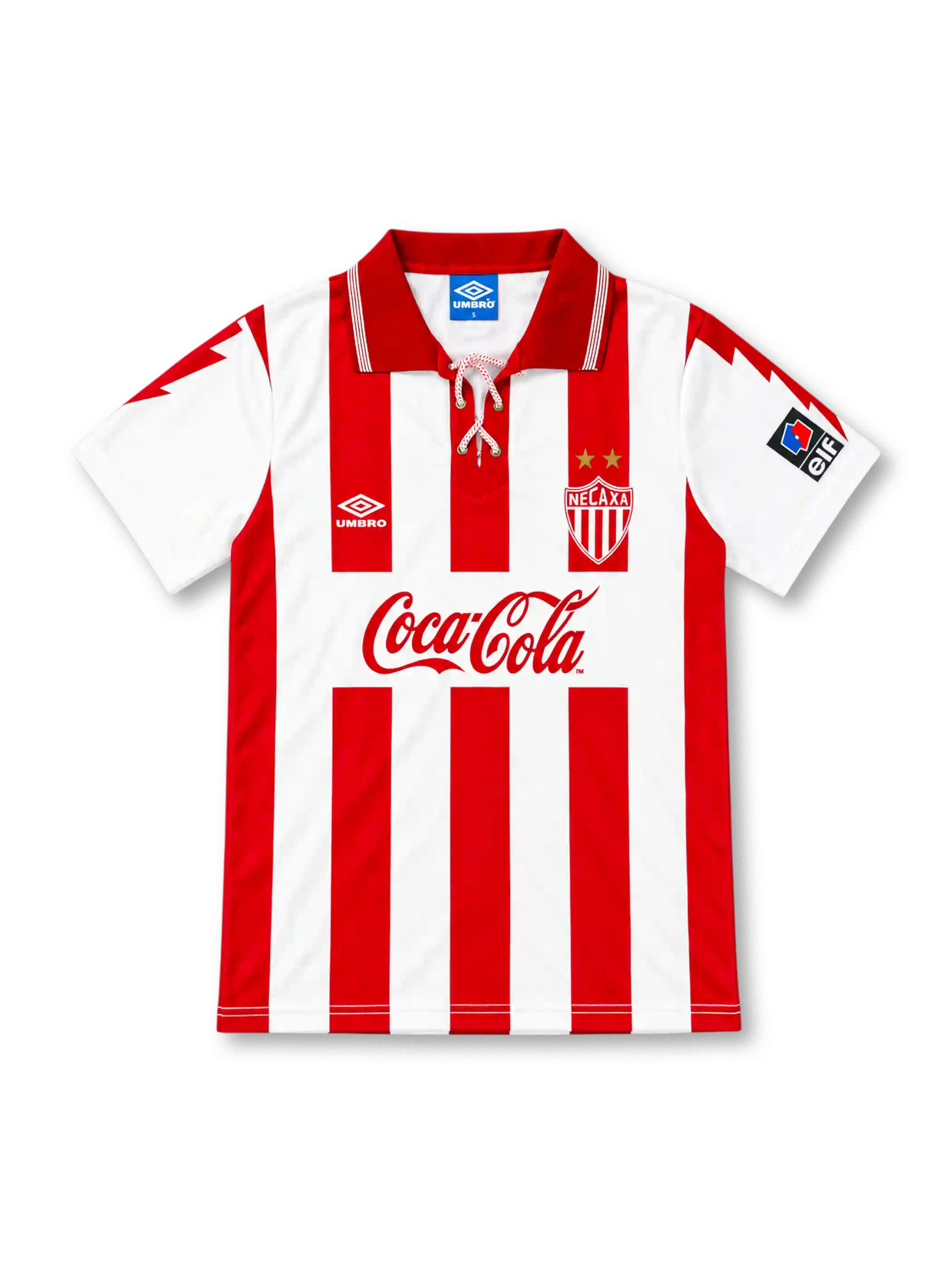 Necaxa 1995/96 red and white striped home jersey with lace-up collar, two-star crest, Umbro logo and Coca-Cola sponsor