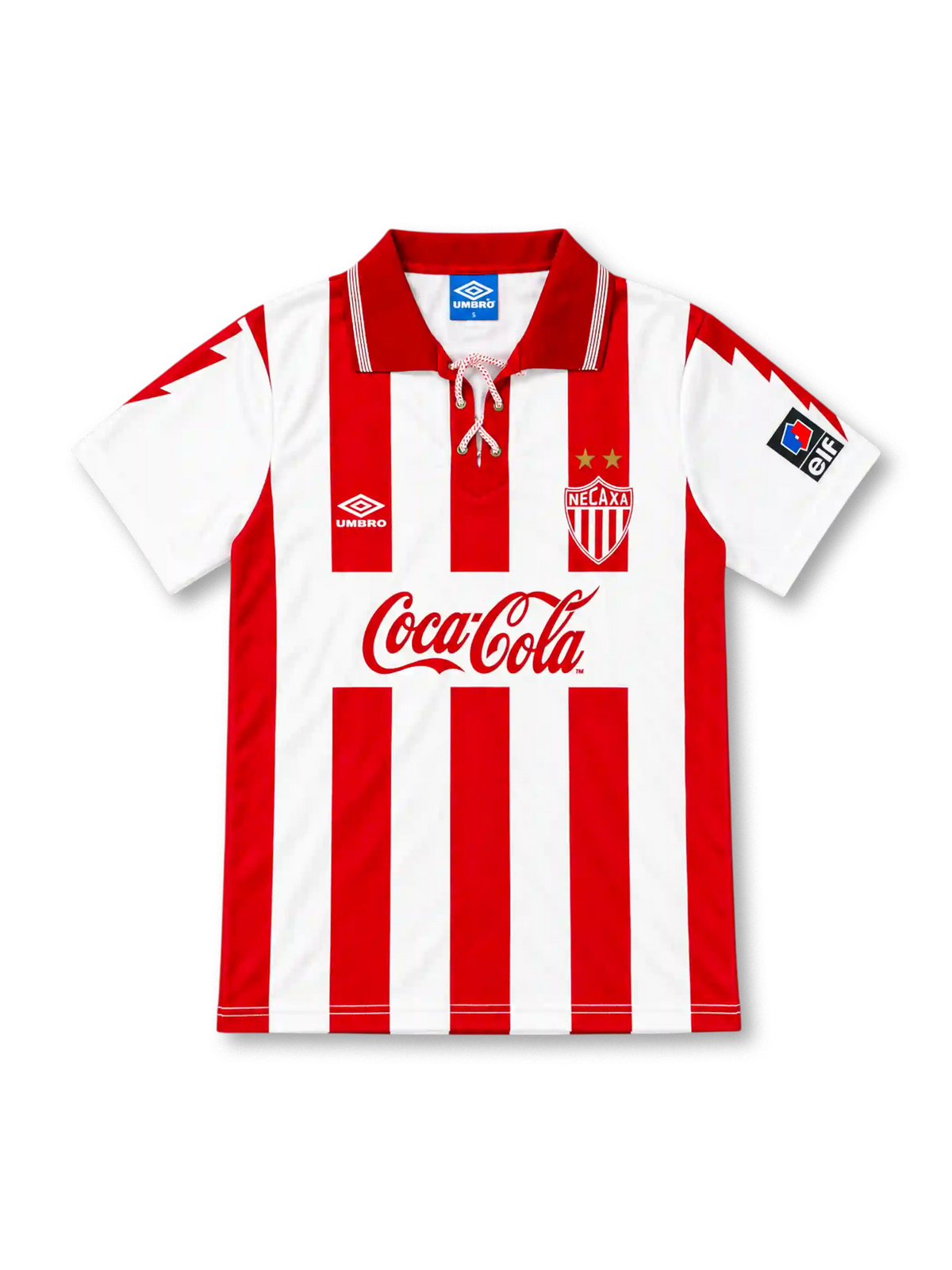Necaxa 1995/96 red and white striped home jersey with lace-up collar, two-star crest, Umbro logo and Coca-Cola sponsor
