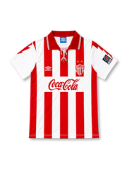 Necaxa 1995/96 red and white striped home jersey with lace-up collar, two-star crest, Umbro logo and Coca-Cola sponsor