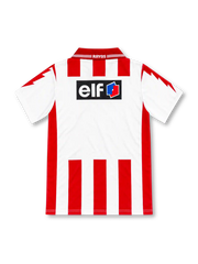 Necaxa 1995/96 red and white striped home jersey with lace-up collar, two-star crest, Umbro logo and Coca-Cola sponsor