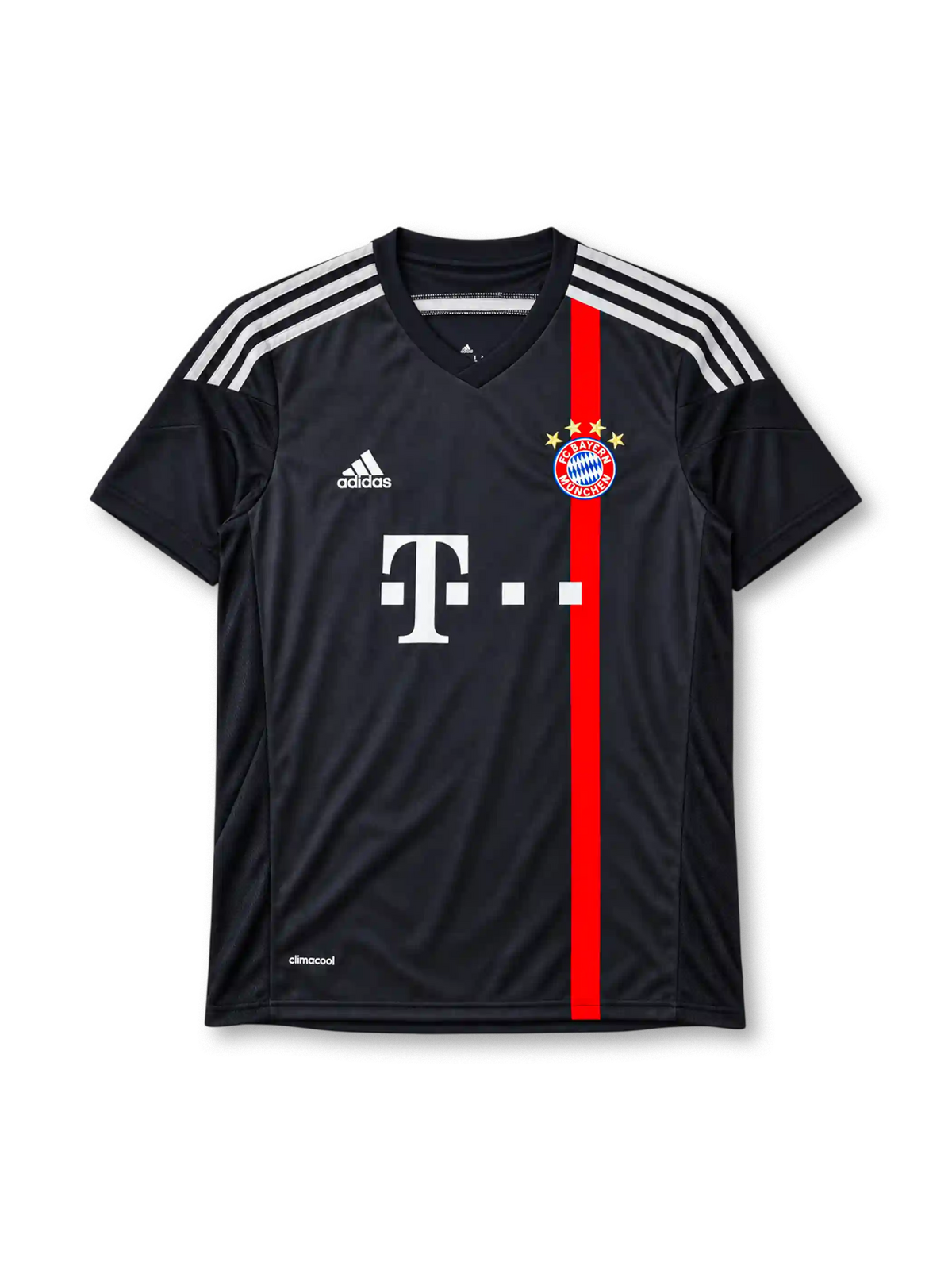 Bayern Munich 2014/15 black Adidas away jersey with red vertical stripe and Telekom sponsor