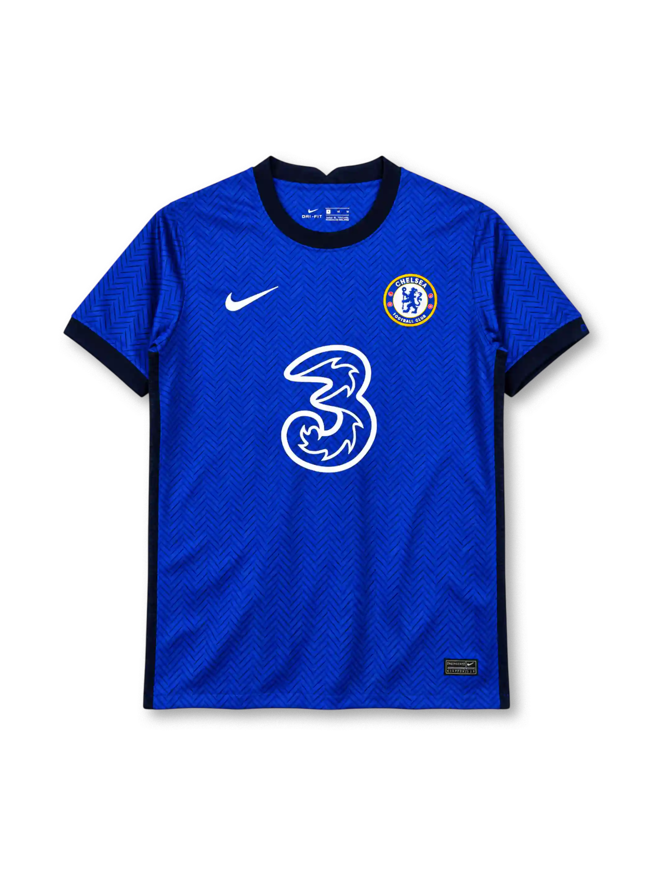 Chelsea 2020/21 royal blue Nike home jersey with herringbone pattern and Three sponsor