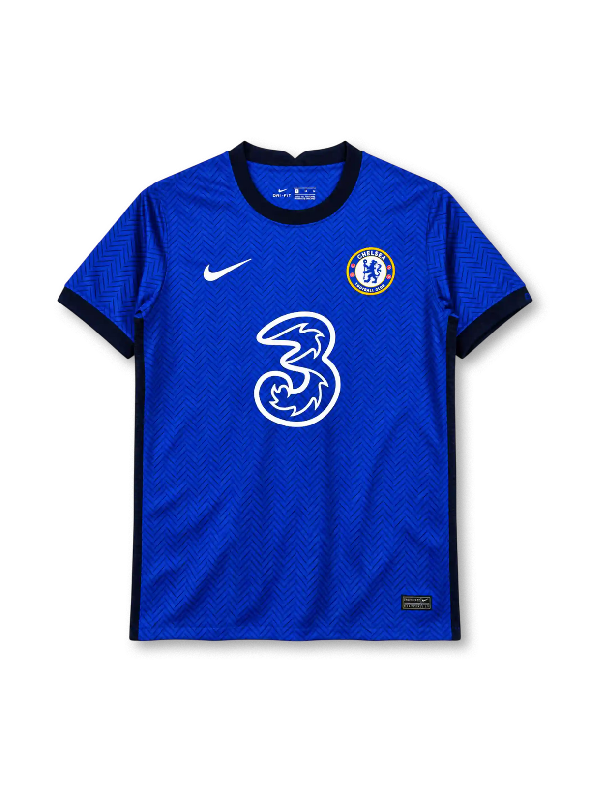 Chelsea 2020/21 royal blue Nike home jersey with herringbone pattern and Three sponsor