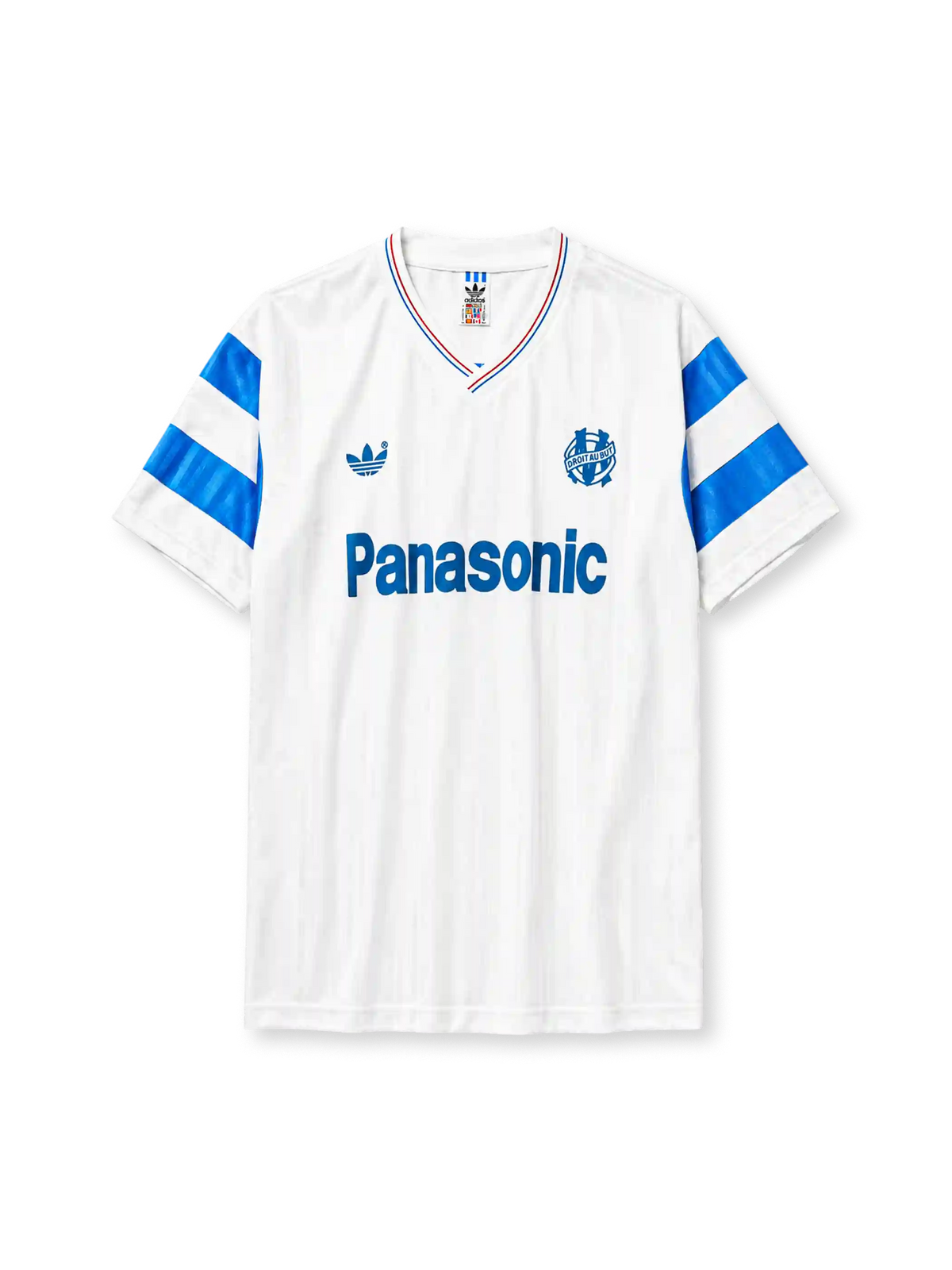 Marseille 1990 home jersey with blue sleeve stripes
