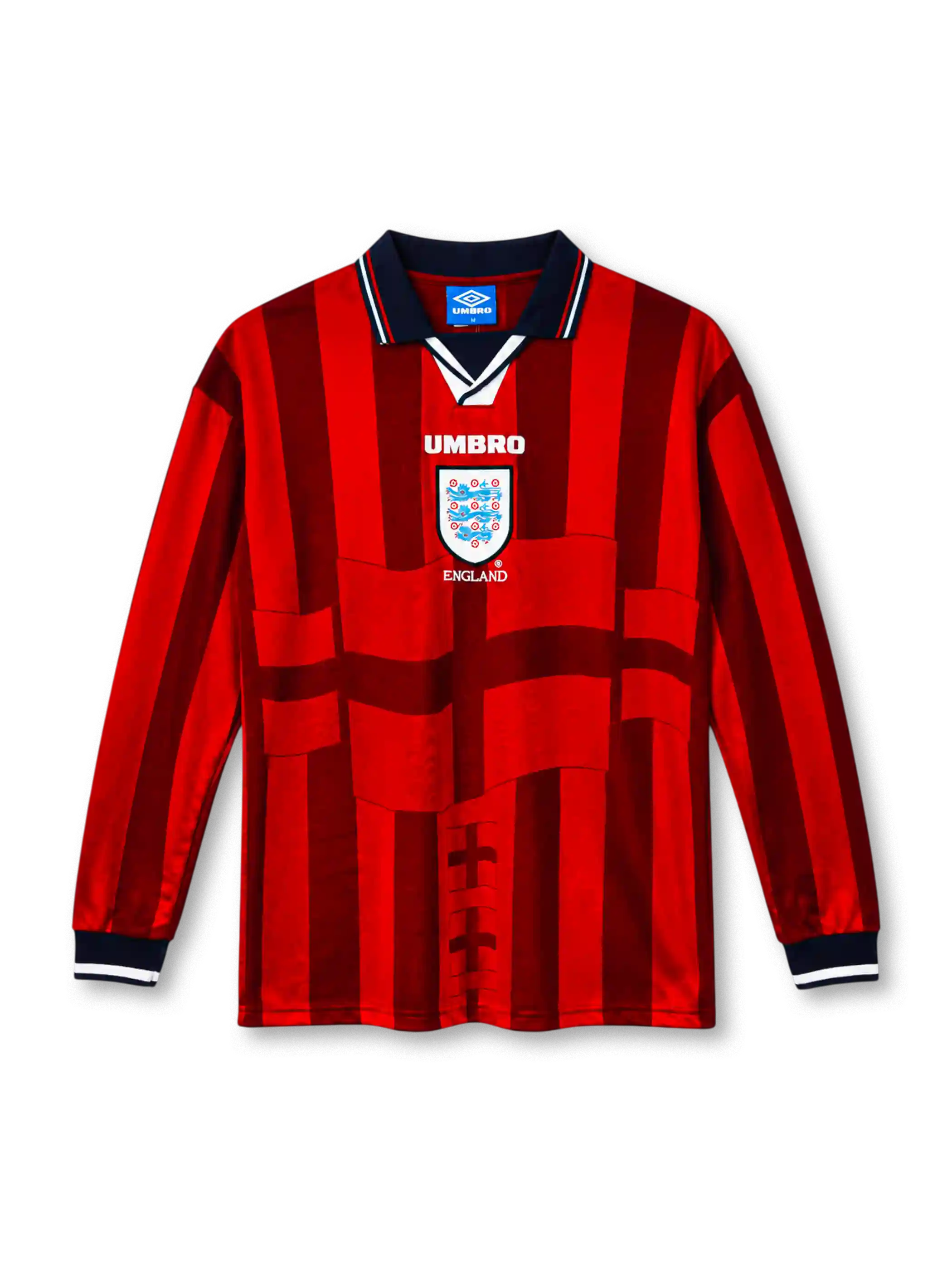 England 1998 red long-sleeve away jersey with tonal flag graphic, navy collar, Umbro logo and Three Lions crest