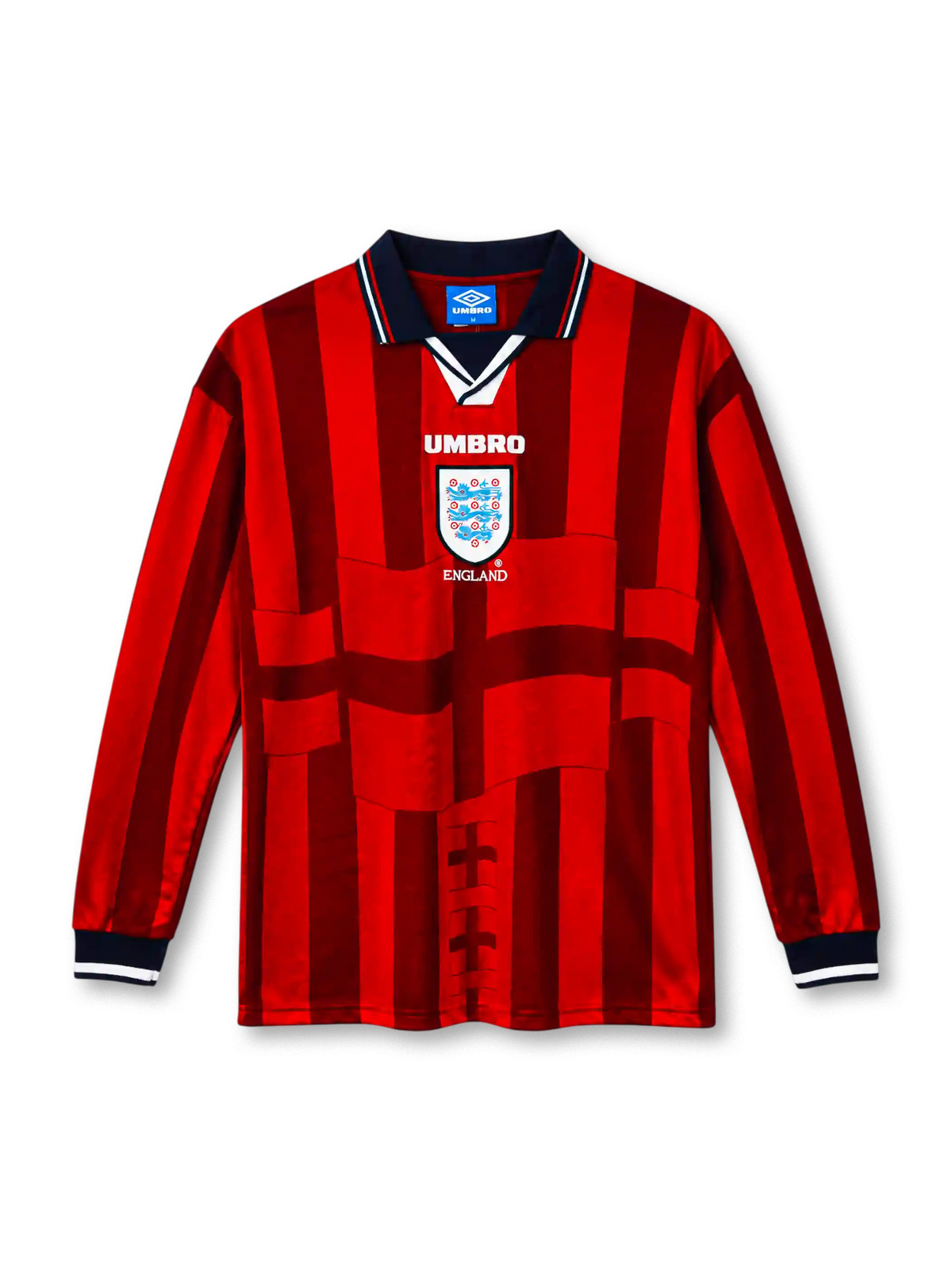 England 1998 red long-sleeve away jersey with tonal flag graphic, navy collar, Umbro logo and Three Lions crest