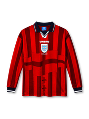 England 1998 red long-sleeve away jersey with tonal flag graphic, navy collar, Umbro logo and Three Lions crest