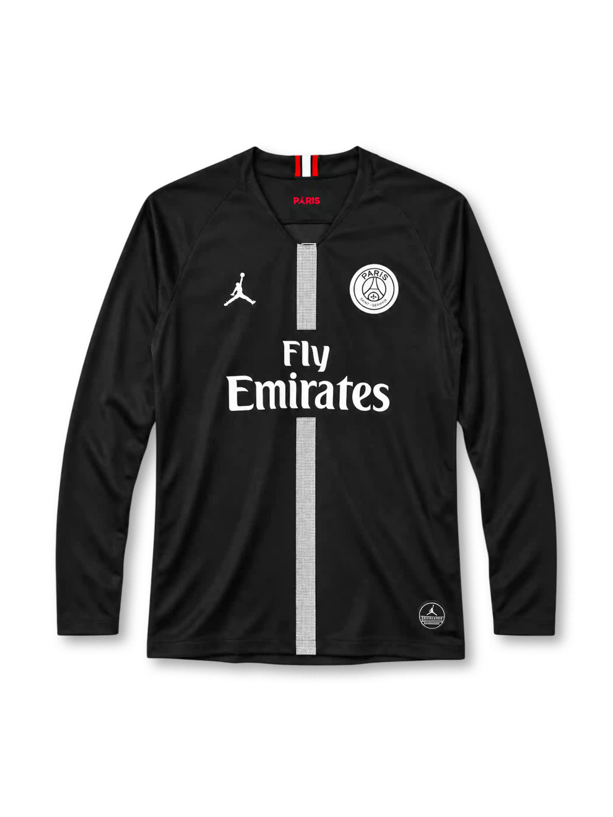 Paris Saint-Germain 2018/19 black long-sleeve jersey with grey centre stripe, Jordan Jumpman logo and Fly Emirates sponsor