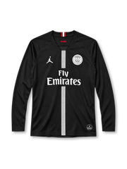 Paris Saint-Germain 2018/19 black long-sleeve jersey with grey centre stripe, Jordan Jumpman logo and Fly Emirates sponsor