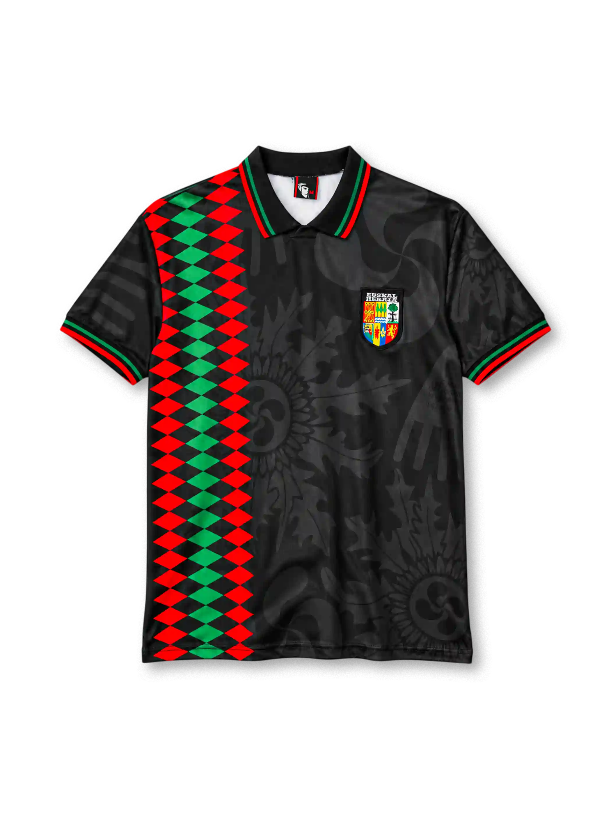 Basque Country 1994 black away jersey with tonal folk motifs, red and green diamond band and Euskal Herria crest