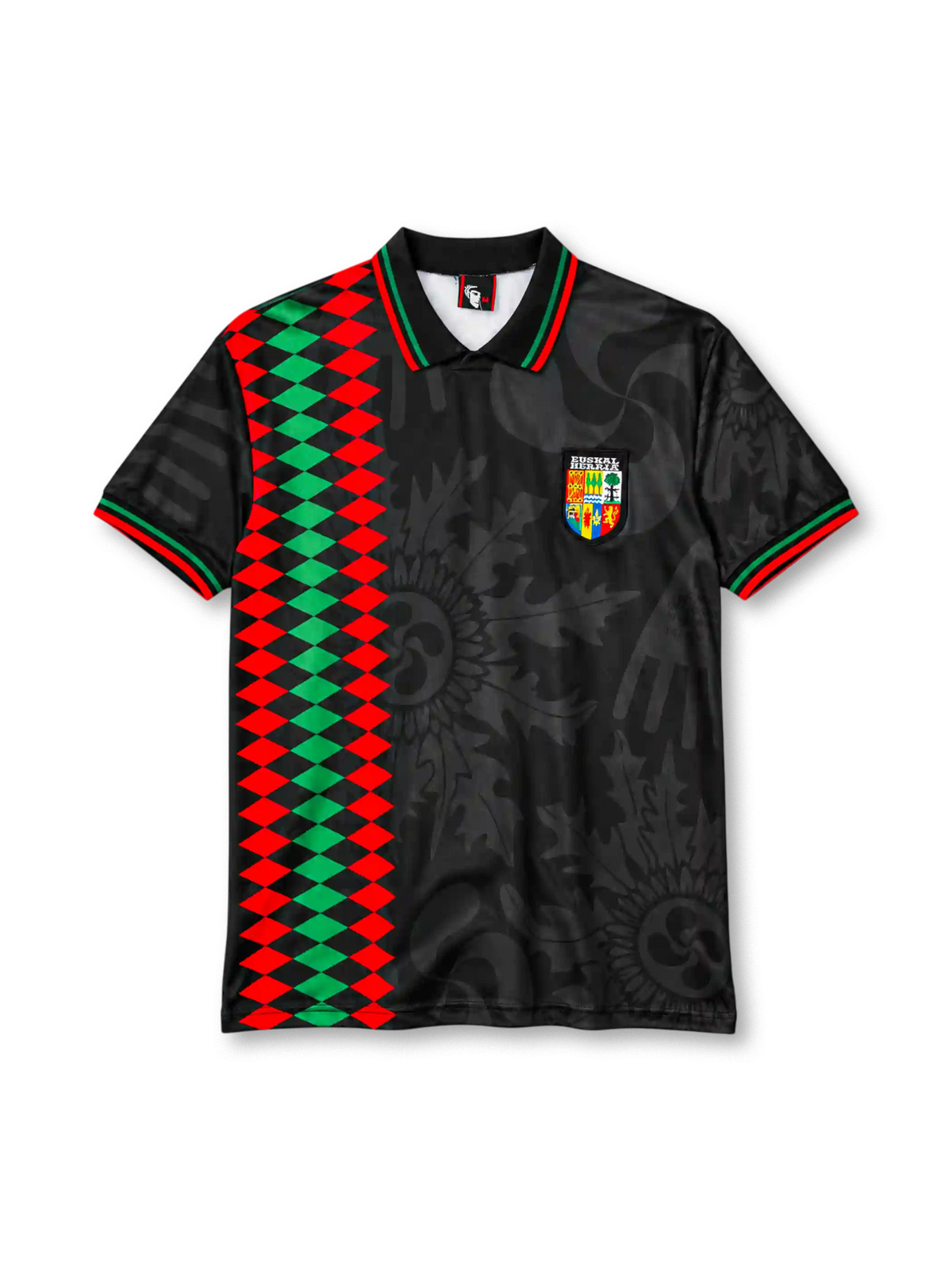 Basque Country 1994 black away jersey with tonal folk motifs, red and green diamond band and Euskal Herria crest