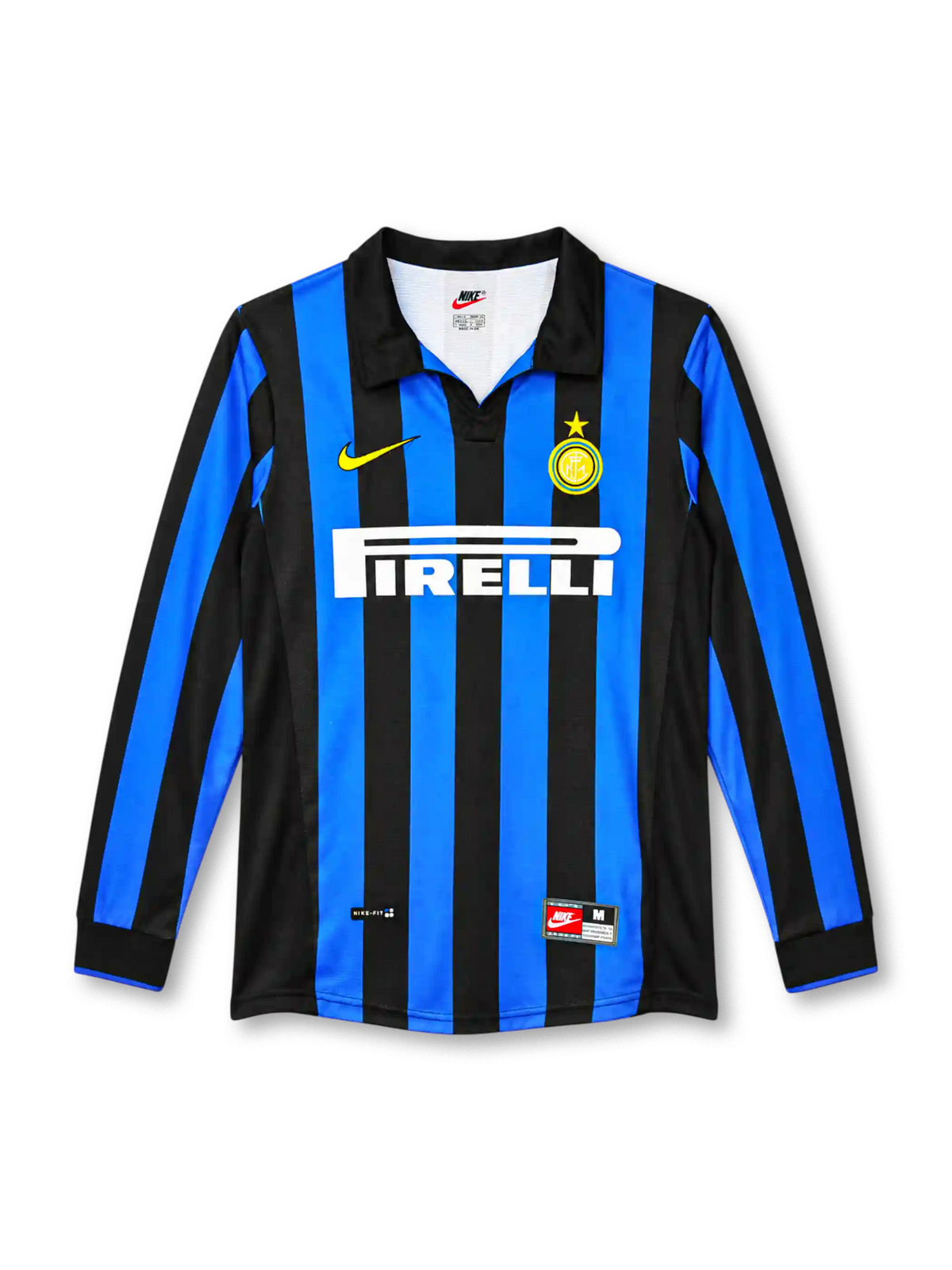Inter Milan 1998/99 blue and black striped long-sleeve home jersey with black collar, Nike logo and Pirelli sponsor