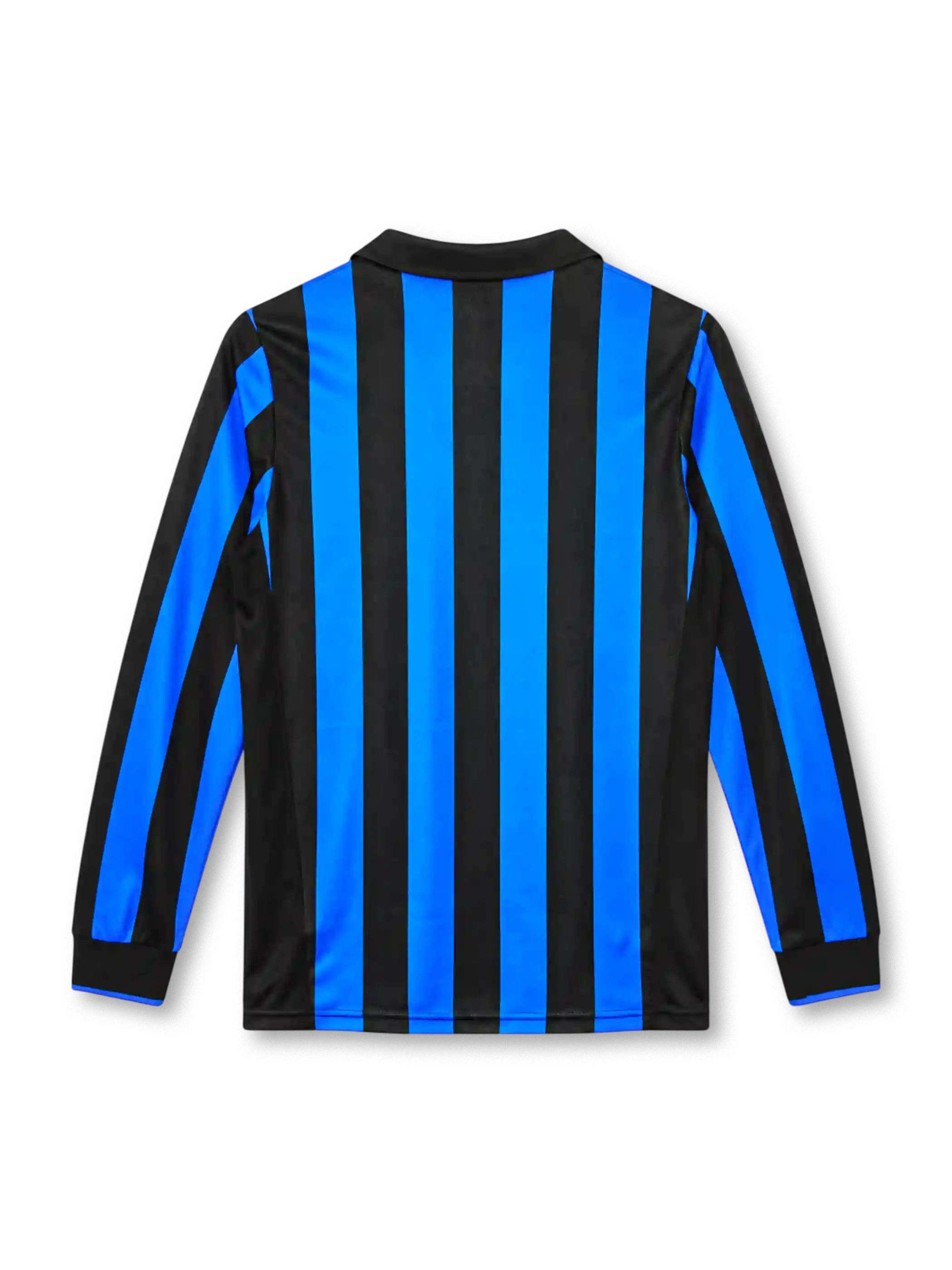 Inter Milan 1998/99 blue and black striped long-sleeve home jersey with black collar, Nike logo and Pirelli sponsor